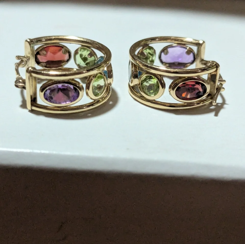 Sold ♥️14k Yellow Gold Amethyst Peridot Blue Topaz Multi-Gemstone Hoop Earrings - Picture 6 of 16